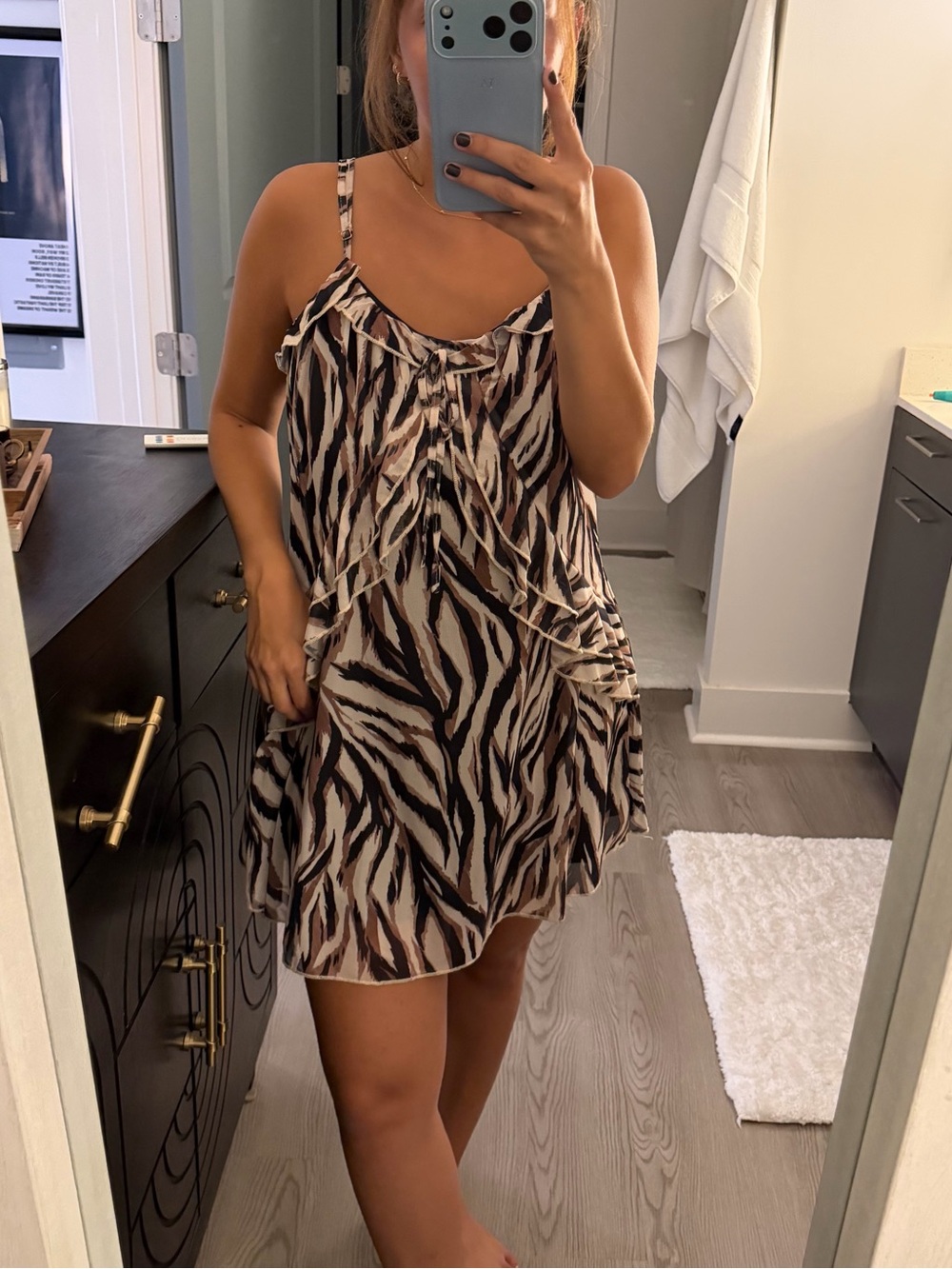 Zebra-Print Spaghetti Strap Mini Dress in Beige and Black